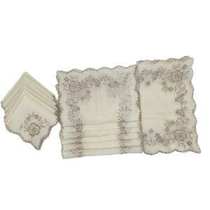 Embroidered cutout‎ Table runner, 6 placemats and 6 napkins Unbleached